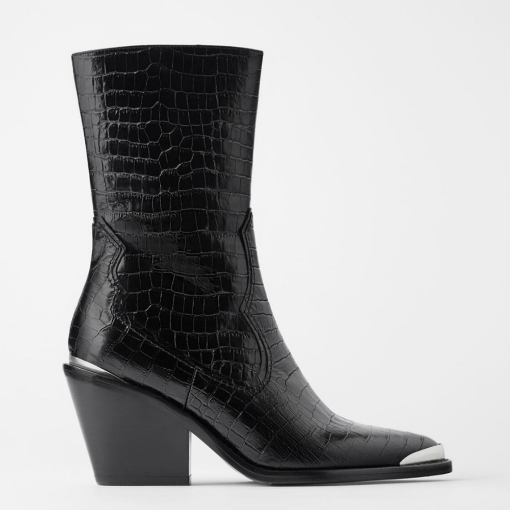 NWT Zara Leather Heeled Cowboy Boots Metal Detail